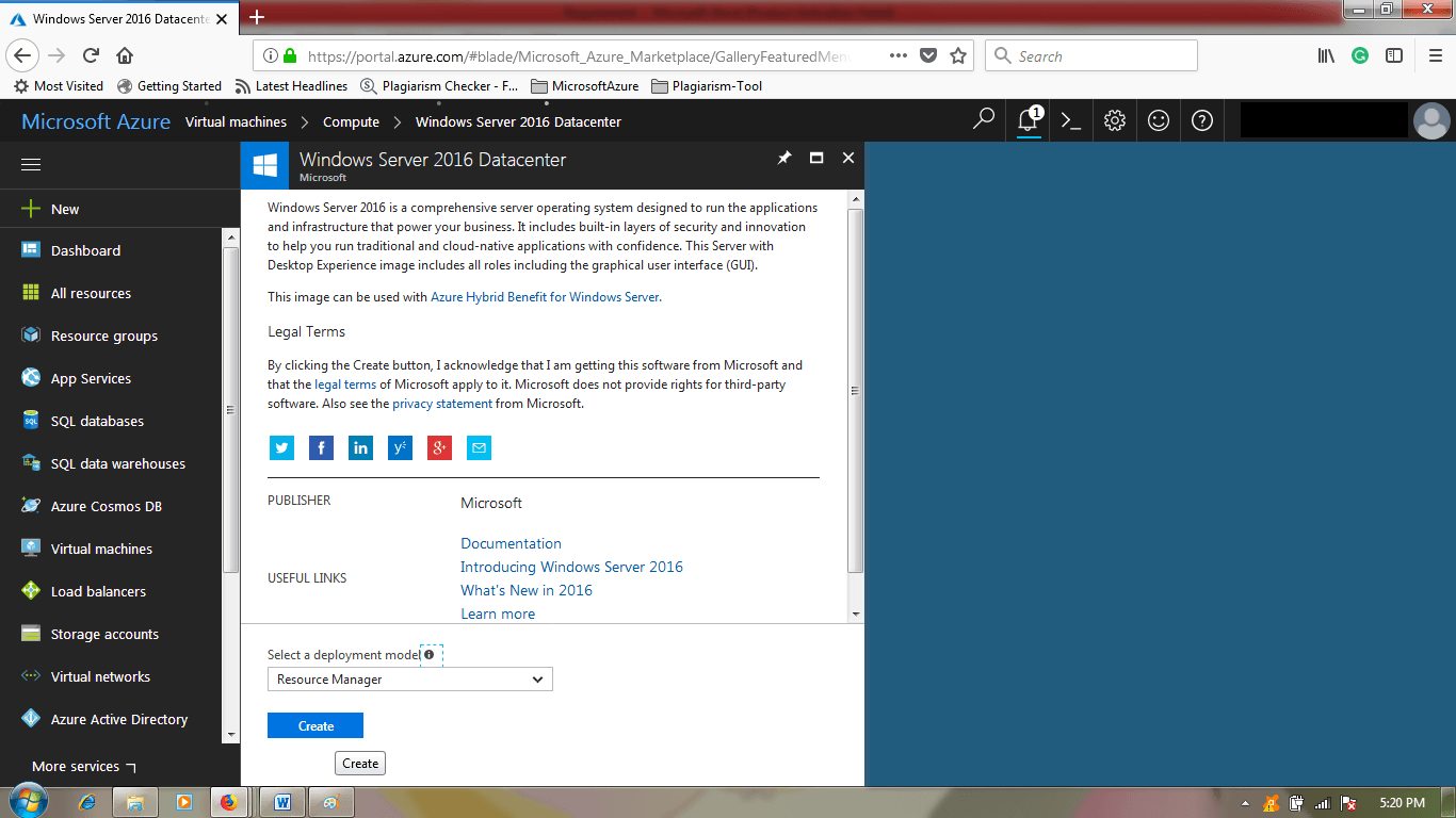 Create VM with Microsoft Server 2016 Data Center OS
